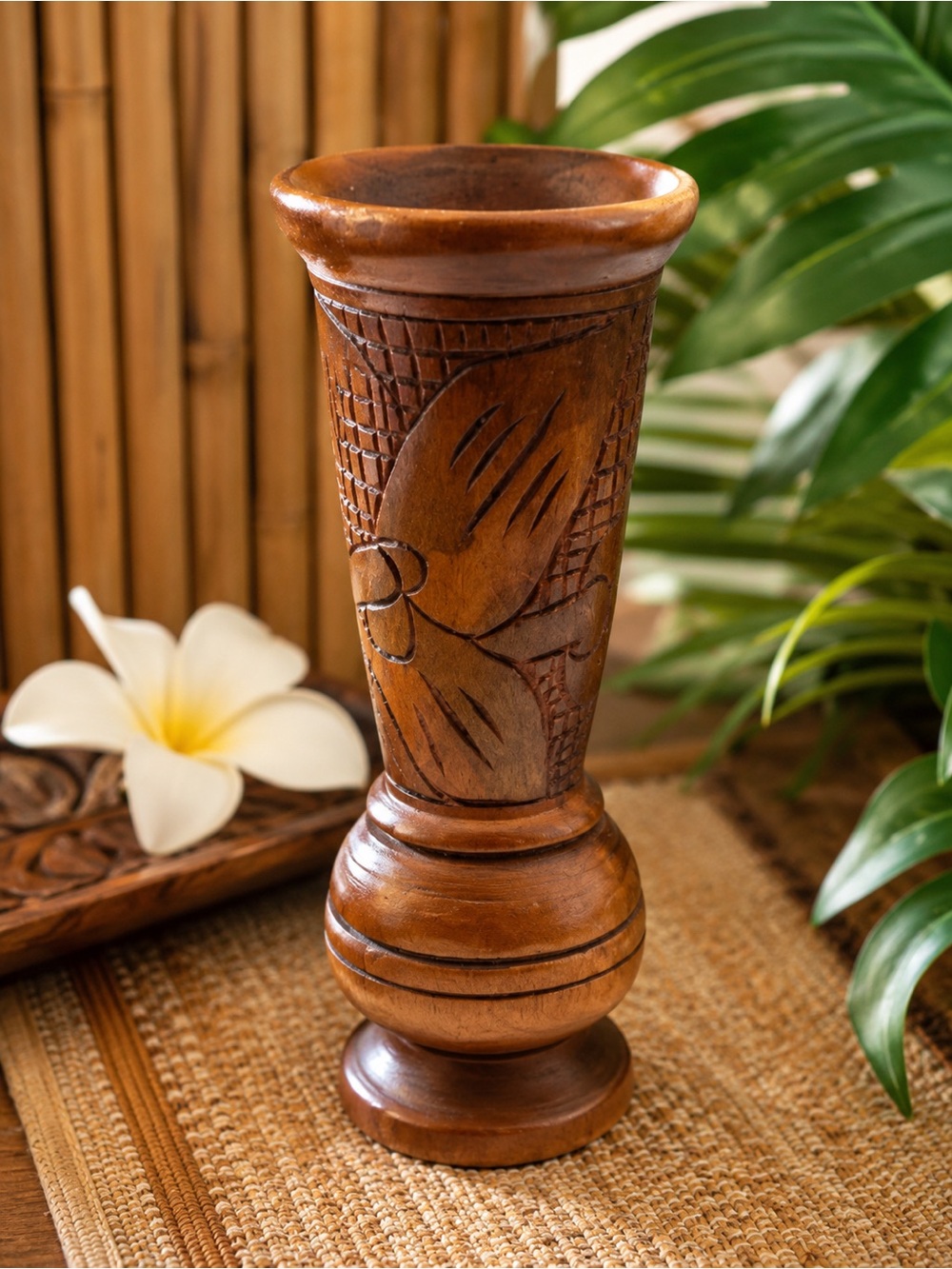 Vintage Hand Carved Wood Tropical Tiki Floral Bud Vase 9.5″